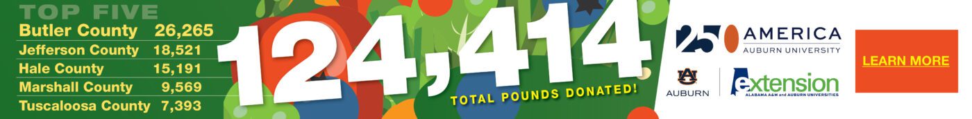 A banner promoting Alabama Extension’s Grow More, Give More 250 LB. Challenge