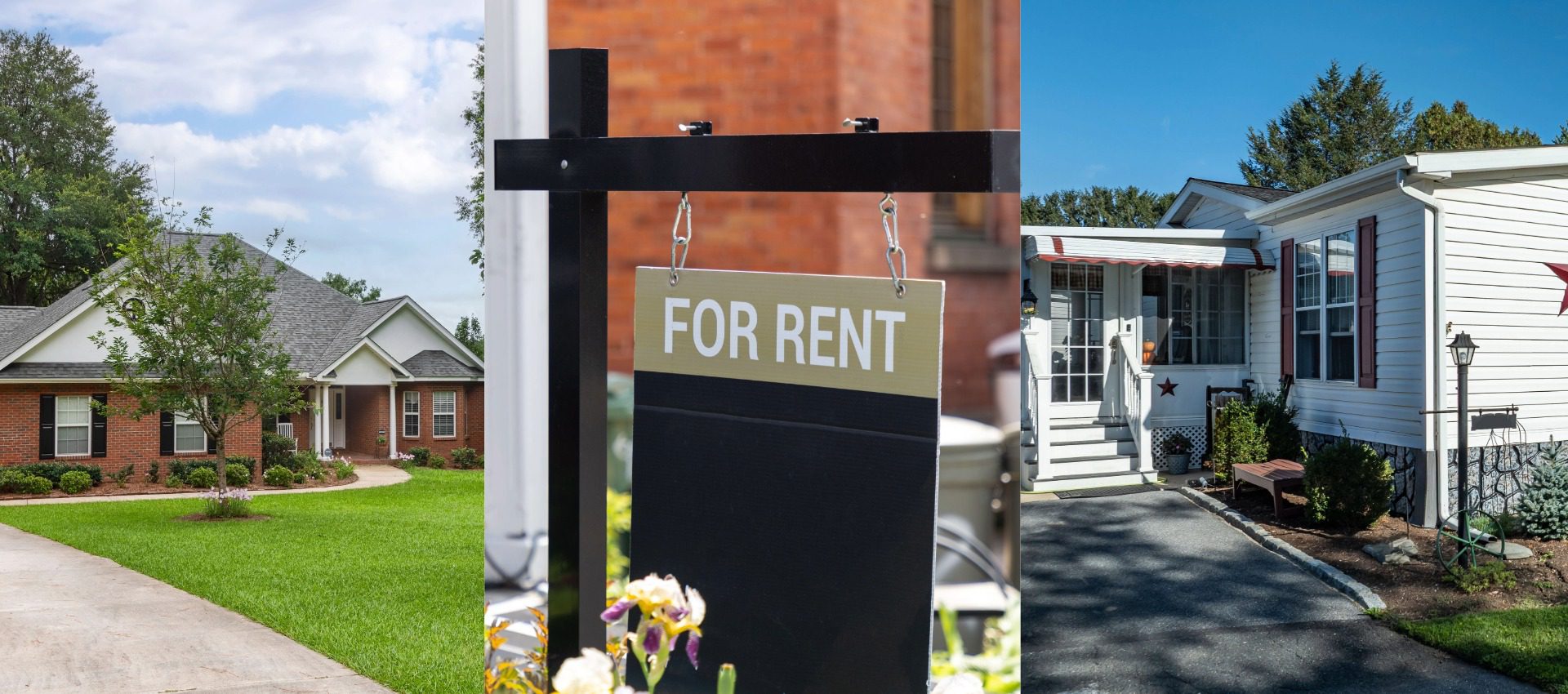 A collage of images included a house, a "For Rent" sign, and a mobile home.