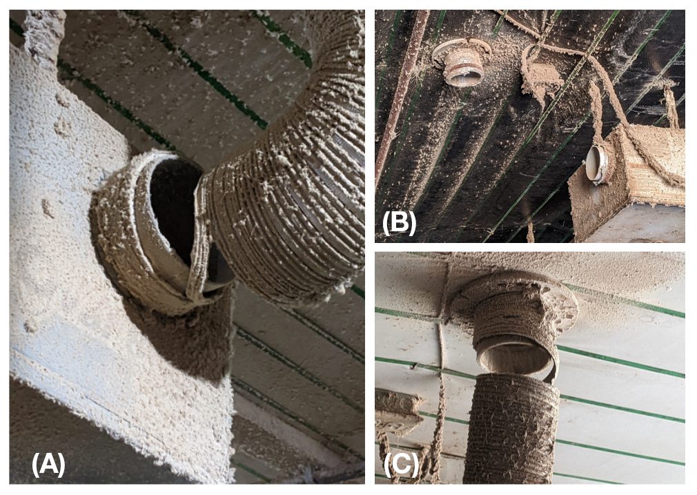 Figure 1. Examples (A), (B), and (C) of the air intake ducts being broken or completely missing from radiant tube heaters in one house.