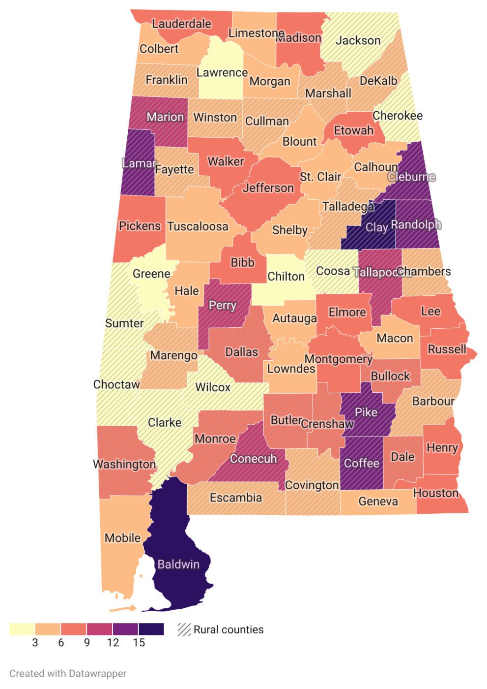 A map of the state of Alabama showing the rental vacancy rates by county in 2024. The data is as follows. An asterisk indicates that the county is a rural county.Less than 3.0 %: Cherokee*, Chilton, Choctaw*, Clarke*, Coosa*, Greene, Jackson*, Lawrence, Sumter*, and Wilcox* Counties. Between 3.0 and 6.0%: Autauga, Barbour*, Blount, Calhoun, Chambers*, Colbert, Covington*, Cullman*, DeKalb*, Escambia*, Fayette*, Franklin, Geneva, Hale, Limestone, Lowndes, Macon, Marengo*, Mobile, Morgan, Marshall*, Shelby, St. Clair, Talladega*, Tuscaloosa, and Winston* Counties. Between 6.0 and 9.0%: Bibb, Bullock*, Butler*, Crenshaw*, Dale*, Dallas*, Elmore, Etowah, Henry, Houston, Jefferson, Lauderdale, Lee, Madison, Monroe*, Montgomery, Pickens, Russell, Walker, and Washington* Counties. Between 9.0 and 12.0%: Conecuh*, Marion*, Perry*, and Tallapoosa* Counties. Between 12.0 and 15.0%: Cleburne*, Coffee*, Lamar*, Pike*, and Randolph* Counties. Greater than 15.0%: Baldwin and Clay* Counties.