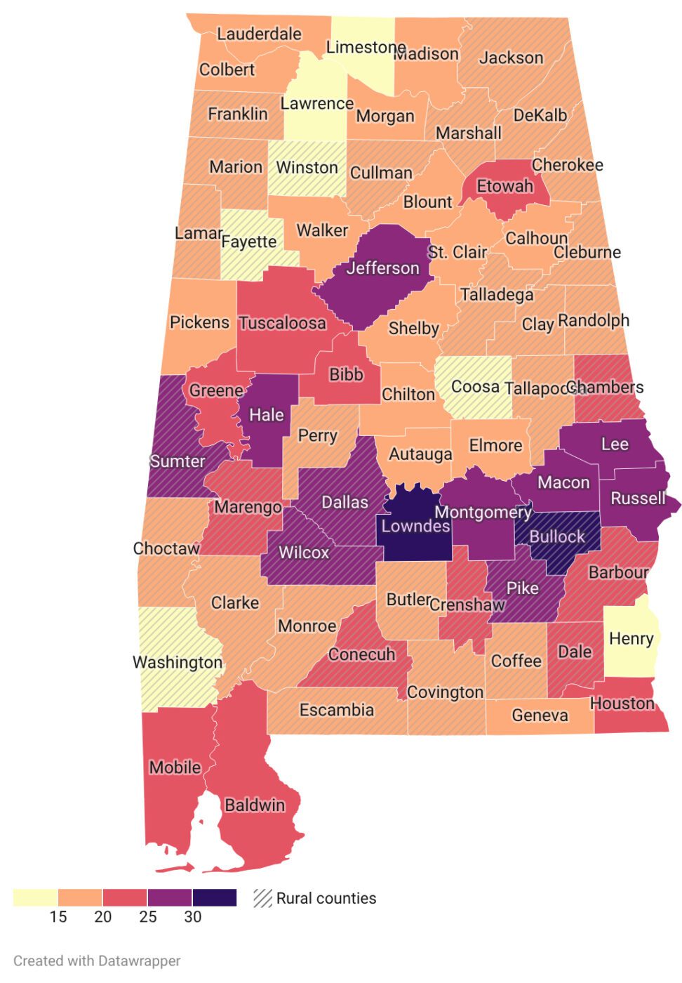 A map of the state of Alabama showing the percent of all housing units that pay more than 35% of household income in housing costs in 2024. The data is as follows. An asterisk indicates that the county is a rural county.Less than 15.0 %: Coosa*, Fayette*, Henry, Lawrence, Limestone, Washington*, and Winston* Counties. Between 15.0 and 20.0%: Autauga, Blount, Butler*, Calhoun, Cherokee*, Chilton, Choctaw*, Clarke*, Clay*, Cleburne*, Coffee*, Colbert, Covington*, Cullman*, DeKalb*, Elmore, Escambia*, Franklin, Geneva, Jackson*, Lamar*, Lauderdale, Madison, Marion*, Marshall*, Monroe*, Morgan, Perry*, Pickens, Randolph*, Shelby, St. Clair, Talladega*, Tallapoosa*, Walker, and Counties. Between 20.0 and 25.0%: Baldwin, Barbour*, Bibb, Chambers*, Conecuh*, Crenshaw*, Dale*, Etowah, Greene, Houston, Marengo*, Mobile, and Tuscaloosa Counties. Between 25.0 and 30.0%: Dallas*, Hale, Jefferson, Lee, Macon, Montgomery, Pike*, Russell, Sumter*, and Wilcox* Counties. Greater than 30.0%: Bullock and Lowndes Counties.