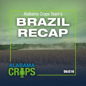 Alabama crops logo with title of season 6 episode 16 podcast with image of farm in back