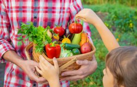 A Farmer And A Child Are Holding A Harvest to celebrate grow more give more
