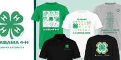 Alabama 4-H shirts and logo on a colored background.