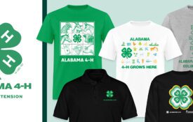 Alabama 4-H shirts and logo on a colored background.