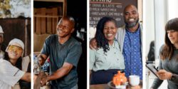 A photo collage of business owners, including construction workers, coffee shop owners, and a corporate professional.
