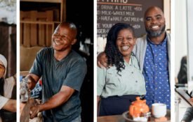 A photo collage of business owners, including construction workers, coffee shop owners, and a corporate professional.