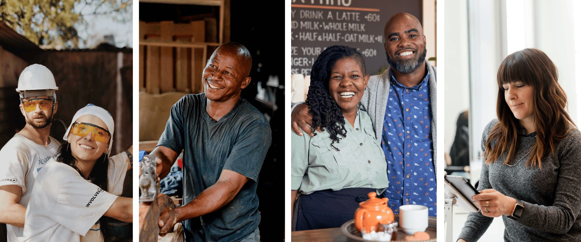 A photo collage of business owners, including construction workers, coffee shop owners, and a corporate professional.
