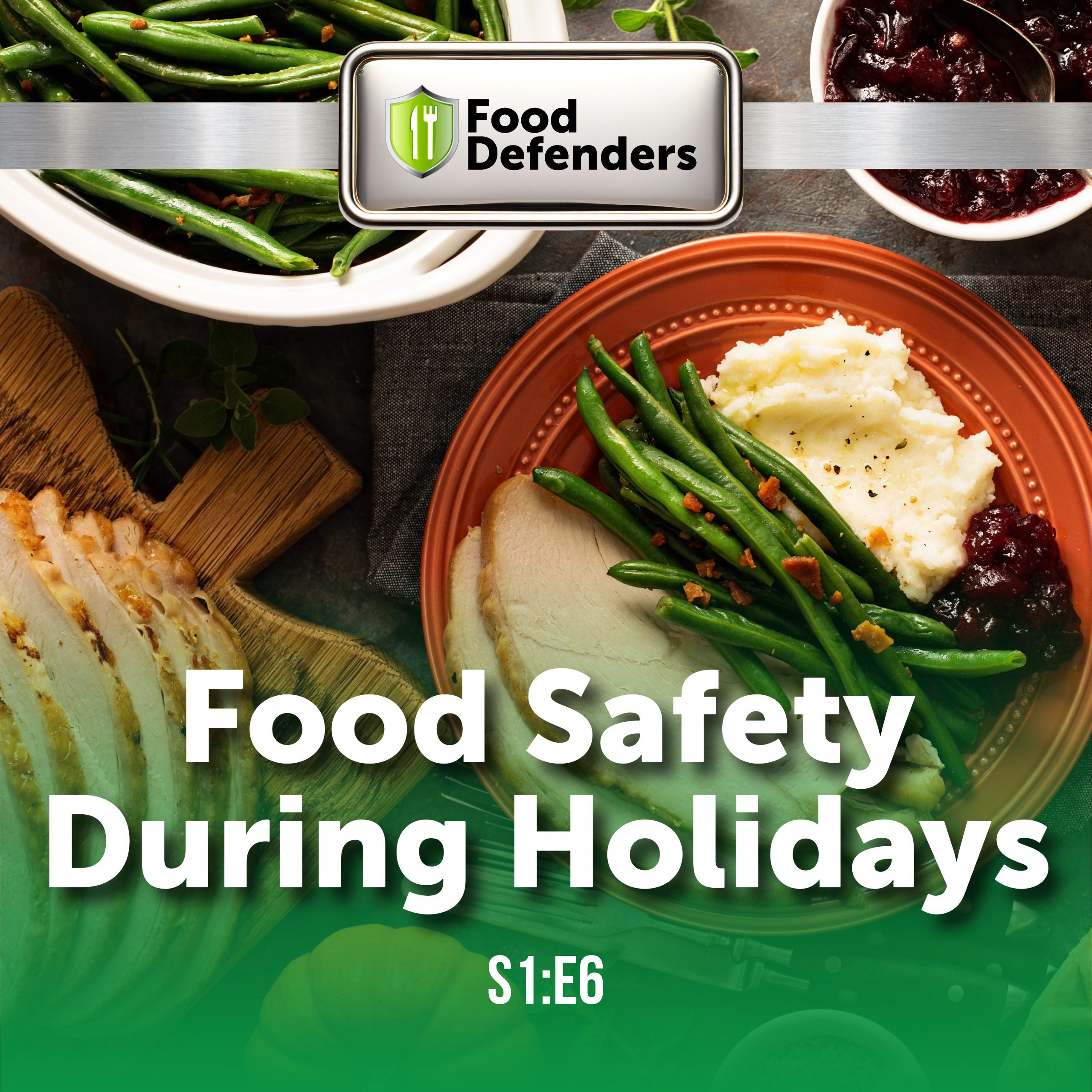 A square image of holiday food, such as turkey and green beans, place on a table spread. The image has the following words: S1E6 Food Safety During Holidays with the Food Defenders logo.