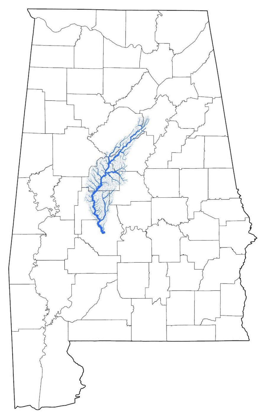 A map of the state of Alabama that shows the Cahaba River basin, located in central Alabama.