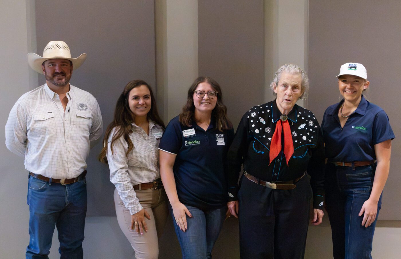 From left: Alabama Cattlemen's Association Industry Outreach Manager Michael Smith, Extension Agent Ali Gotcher, Extension Specialist Maggie Justice, Temple Grandin and Extension Agent Jenna Schmidt.