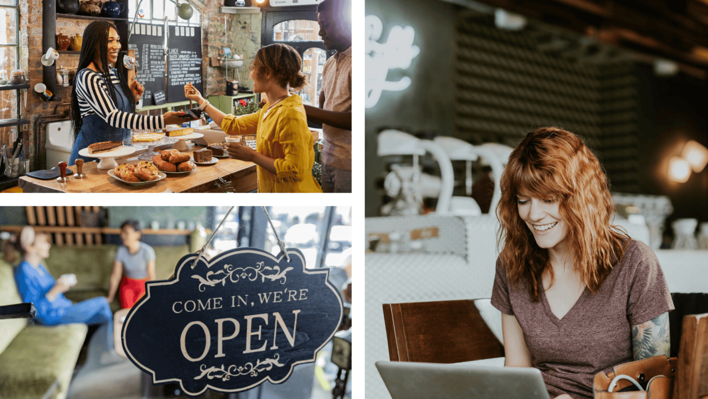 A photo collage of various people inside three different coffee shops or cafés.