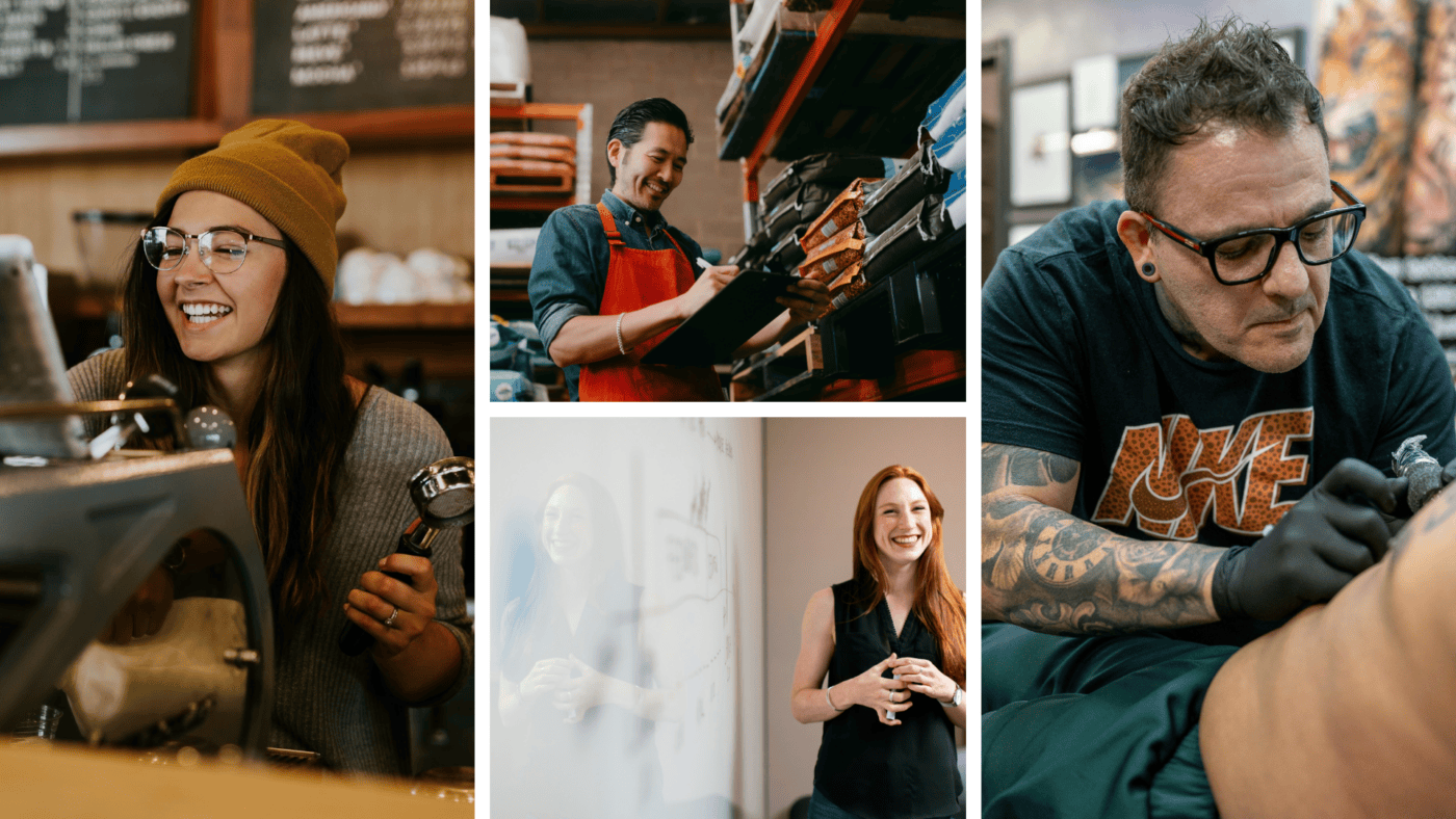 A photo collage of different business owners, such as a tattoo artist, teacher, barista, and feed store manager.